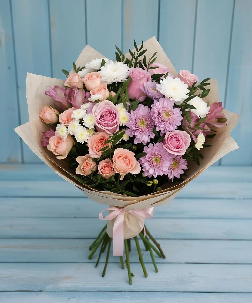 Букет цветов из: Хризантемы, Розы и Альстромерии в Паниково