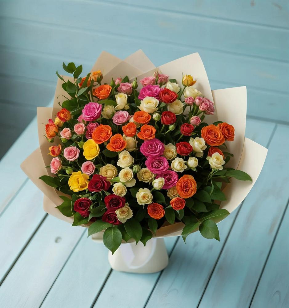 Букет Микс из разноцветных кустовых роз в Паниково