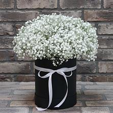 Цветочная композиция из Гипсофила в шляпной коробке в Паниково