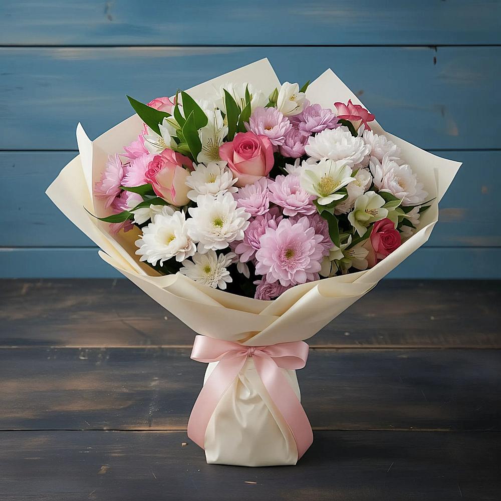 Букет цветов из: Хризантемы, Альстромерии и Розы в Паниково